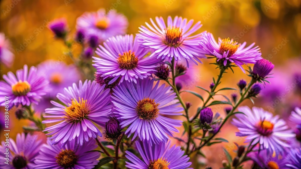 Vibrant purple New York asters bloom, filling the autumn frame in a rule-of-thirds composition. Vibrant purple New York asters bloom, filling the autumn frame in a rule-of-thirds composition.