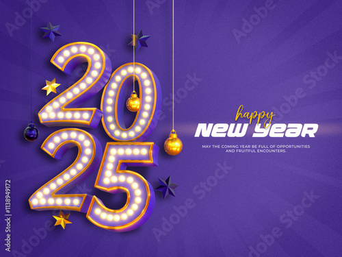 Happy New Year 2025 Retro Light 3d Banner Design Template photo