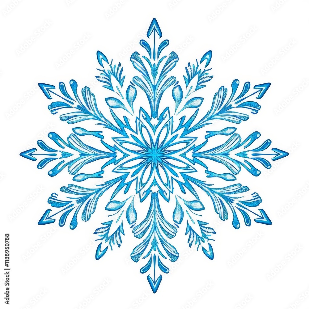Intricate Blue Snowflake Design Isolated on White