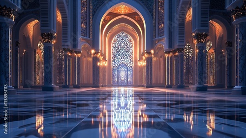 Majestic Palace Interior Grand Hall with Ornate Arches and Stained Glass Window