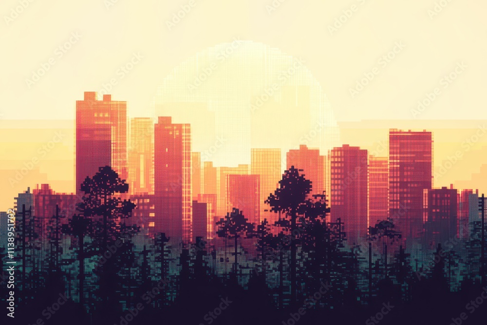 Fototapeta premium Ai generative, Digital Sunset Over a Cityscape with Trees