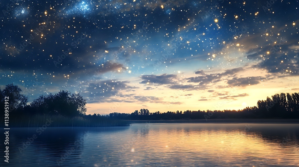 Starry Night Over Calm Lake. Concept of Serenity, Dreams, and Imagination. Starry Night Over Calm Lake. Concept of Serenity, Dreams, and Imagination.