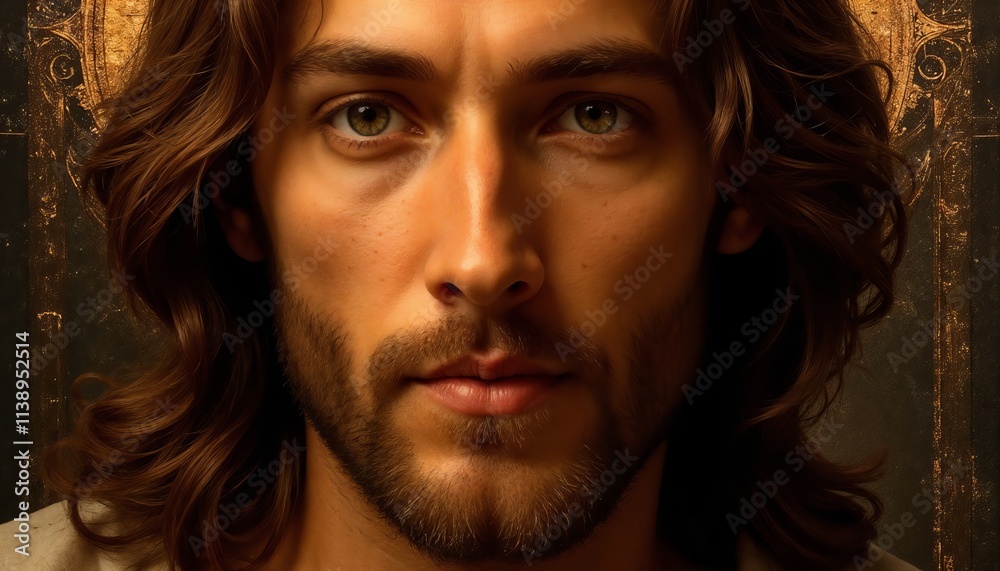 Close-up portrait of a young man with long wavy brown hair and a beard, confident expression.Confidence. Strength. Serenity.self-assurance, leadership, empowerment, personal development. Close-up portrait of a young man with long wavy brown hair and a beard, confident expression.Confidence. Strength. Serenity.self-assurance, leadership, empowerment, personal development.