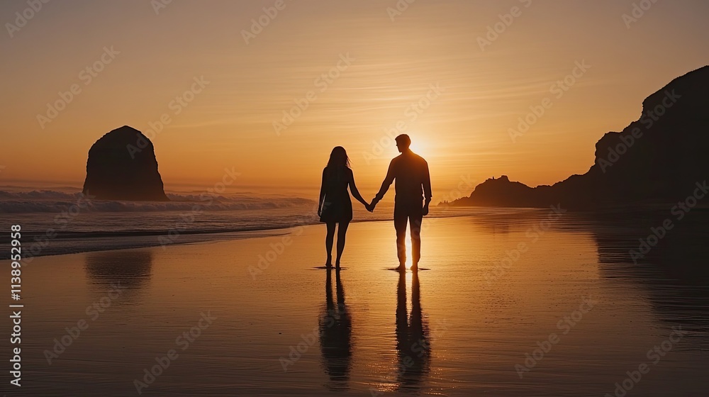 Silhouetted couple holding hands on a beach at sunset. Silhouetted couple holding hands on a beach at sunset.