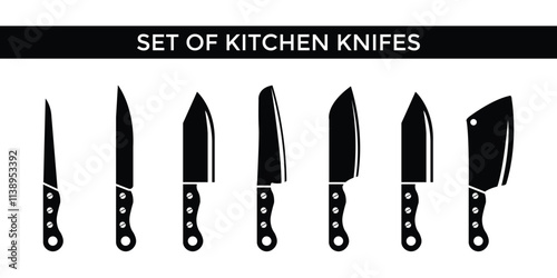 Professional Kitchen Knife Set Silhouette Including Chef's Knife, Cleaver, and Utility Knives for Cooking Tools, Kitchen Equipment, Restaurant Branding, Culinary Design, and Food Vector Graphics.