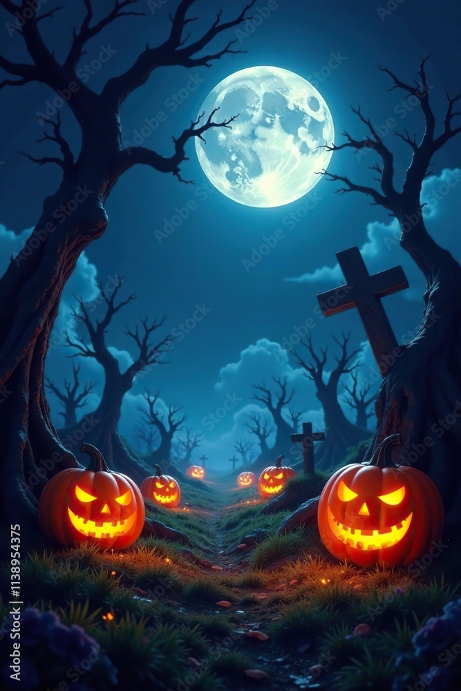 The moon casts an eerie glow over a deserted graveyard with glowing jack-o-lanterns and twisted tree branches, haunted, spooky, eerie The moon casts an eerie glow over a deserted graveyard with glowing jack-o-lanterns and twisted tree branches, haunted, spooky, eerie
