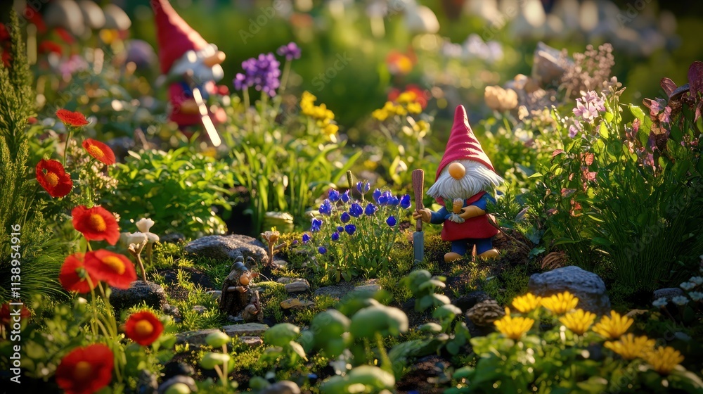 Fototapeta premium Two garden gnomes amidst flowers.