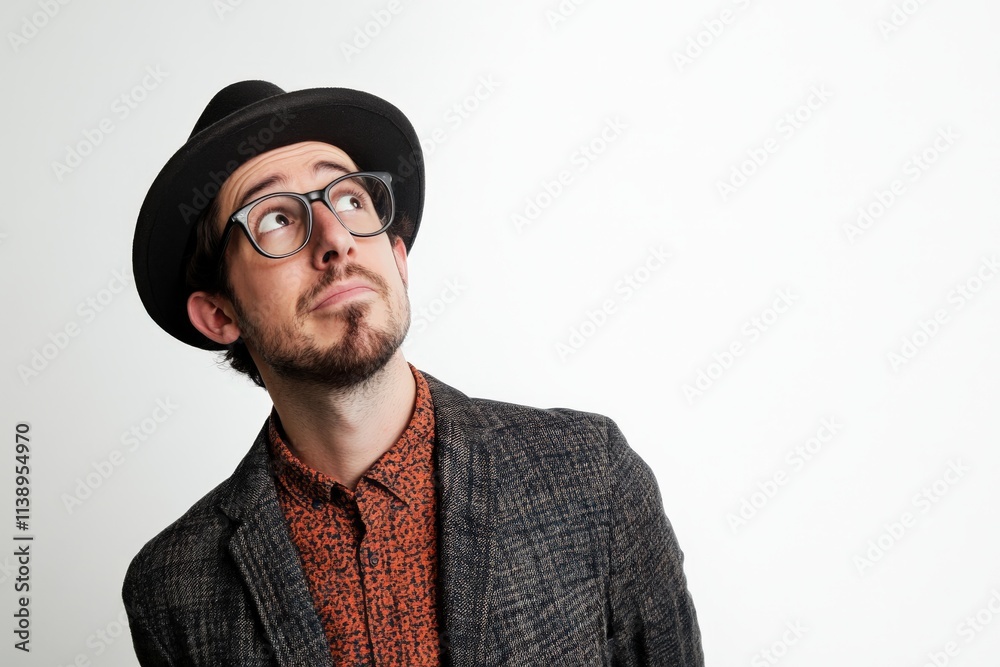 Stylish Young Man in Hat and Glasses Looking Upwards with Curiosity Stylish Young Man in Hat and Glasses Looking Upwards with Curiosity