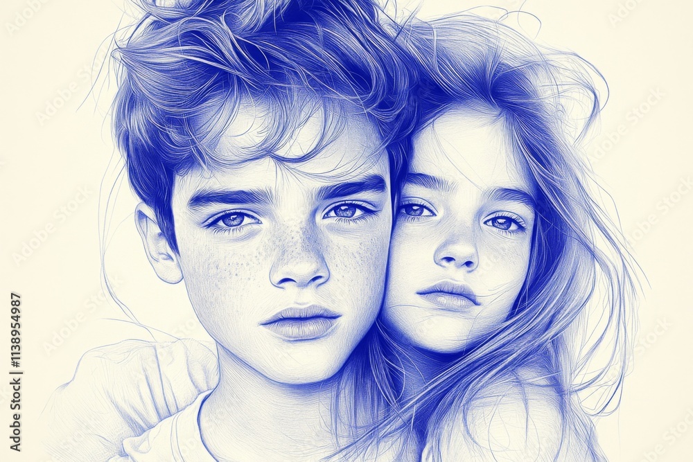 A detailed pencil drawing showcasing a young boy and girl with striking features, capturing the essence of childhood innocence and emotion in fine detail. A detailed pencil drawing showcasing a young boy and girl with striking features, capturing the essence of childhood innocence and emotion in fine detail.