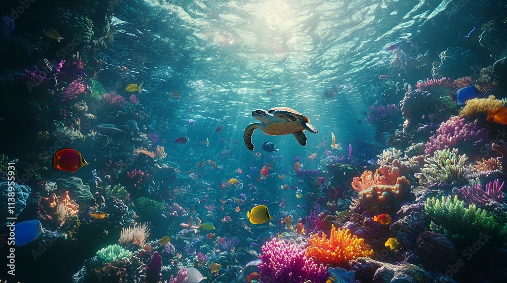 Fototapeta premium Vibrant Coral Reef with Sea Turtle and Tropical Fish