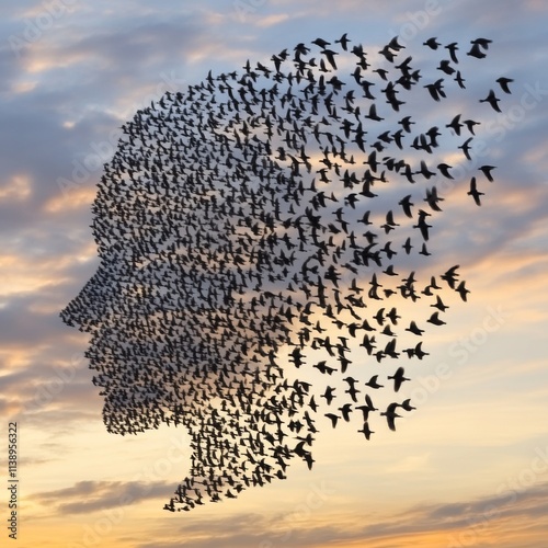 A breathtaking scene of a flock of birds forming a human side profile under a dynamic sky, symbolizing creativity and collective consciousness in nature.