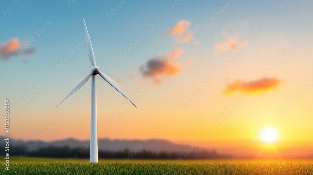 Fototapeta premium A wind turbine stands in a grassy field at sunset.