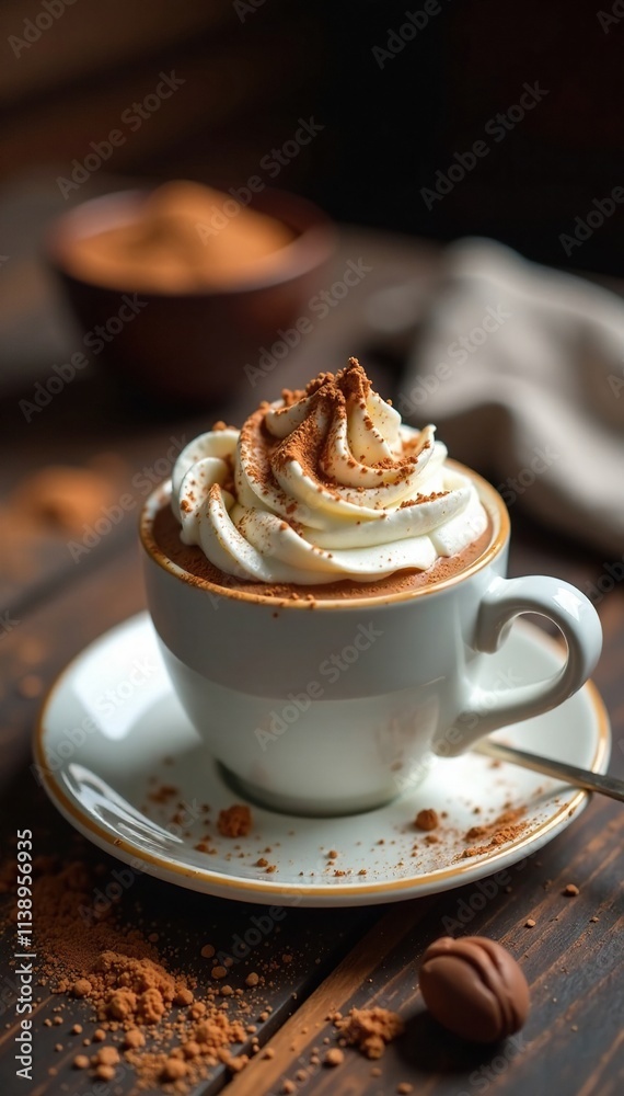 Hot chocolate with whipped cream and shaved chocolate on a rustic wooden table, saucer, cocoa powder Hot chocolate with whipped cream and shaved chocolate on a rustic wooden table, saucer, cocoa powder