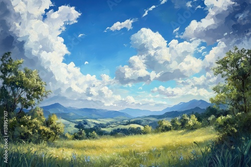 AI generative, A Lush Green Meadow with a Blue Sky and Rolling Hills