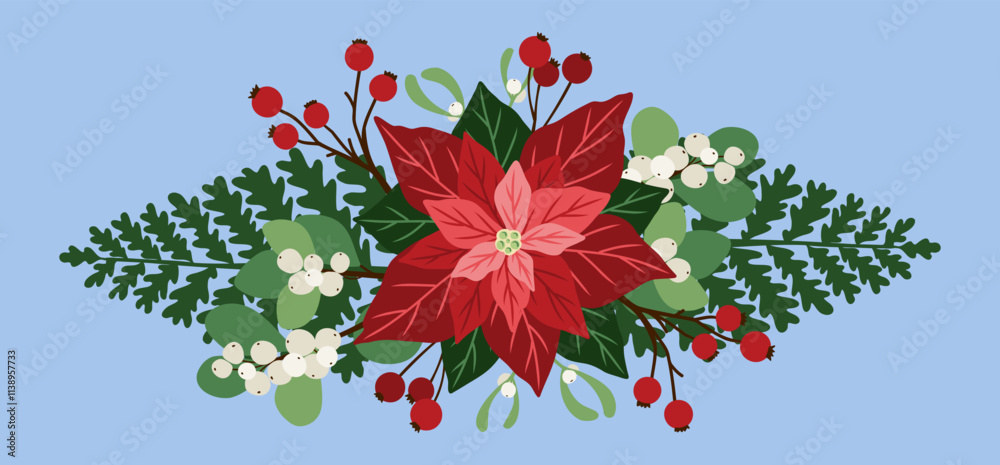 Fototapeta premium Christmas botanical composition with poinsettia, fern, snowberry. Decorative and festive floral arrangement. Hand drawn vector illustration for design holiday decor, decoration new year, greeting card