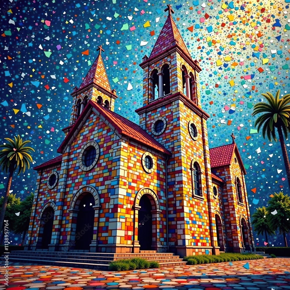 Glass mosaic shattered into a thousand pieces, tile, fragments, church