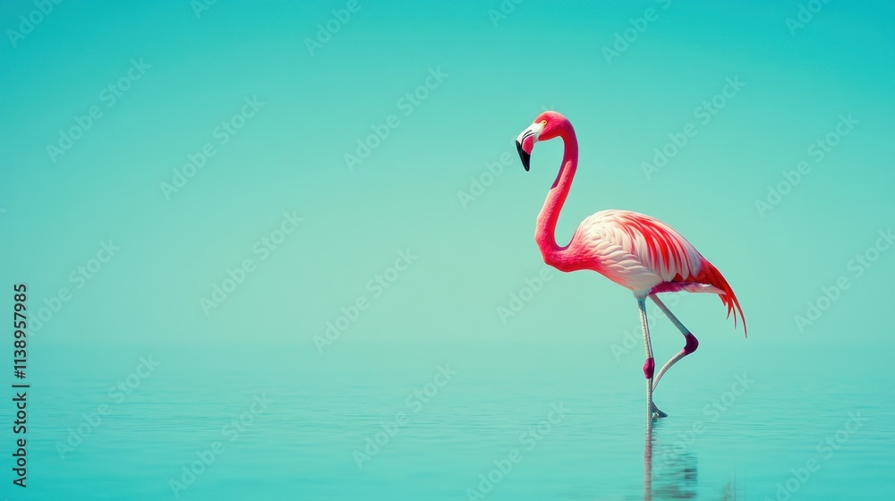 Obraz premium Pink flamingo standing in tranquil teal water with a clear sky.