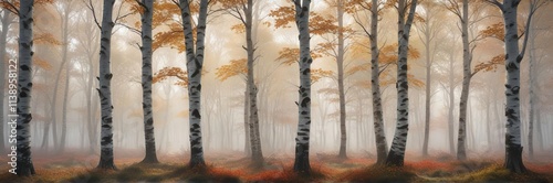 Foggy forest with silver birch and beech trees, tree, natural