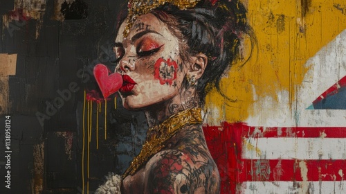 A dynamic street art mural featuring a woman adorned with intricate tattoos and strong makeup, set against a vibrant wall displaying a mix of bold colors and designs. photo