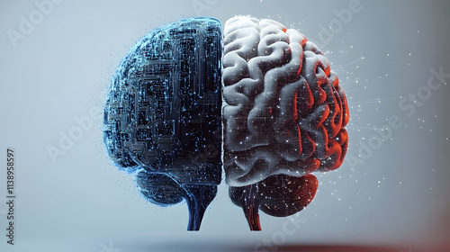 Half digital brain merging with biological brain, illustrating artificial intelligence and human mind