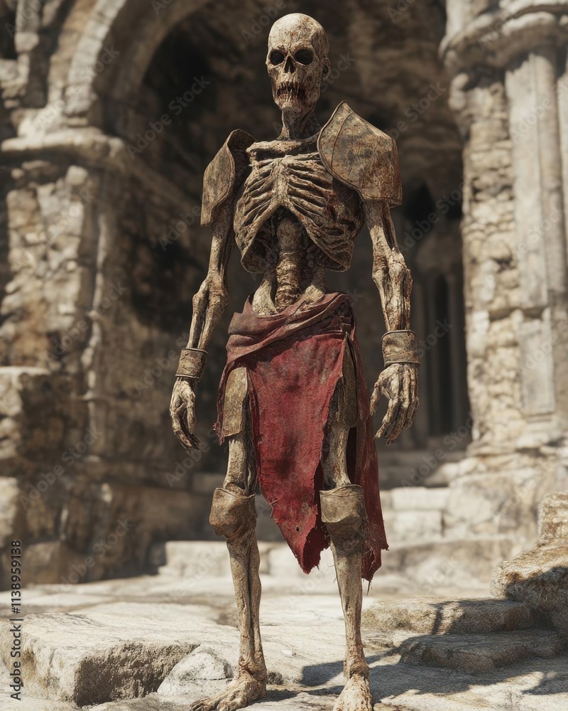 Obraz premium A detailed skeletal figure in tattered clothing, set in a stone environment.