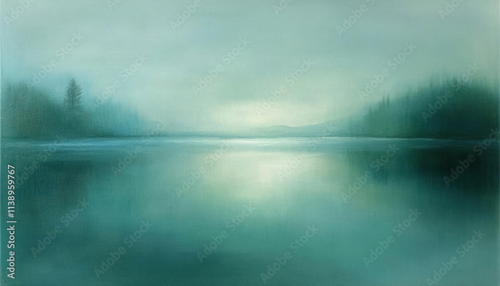 Serene landscape with a calm lake and misty forest reflections.