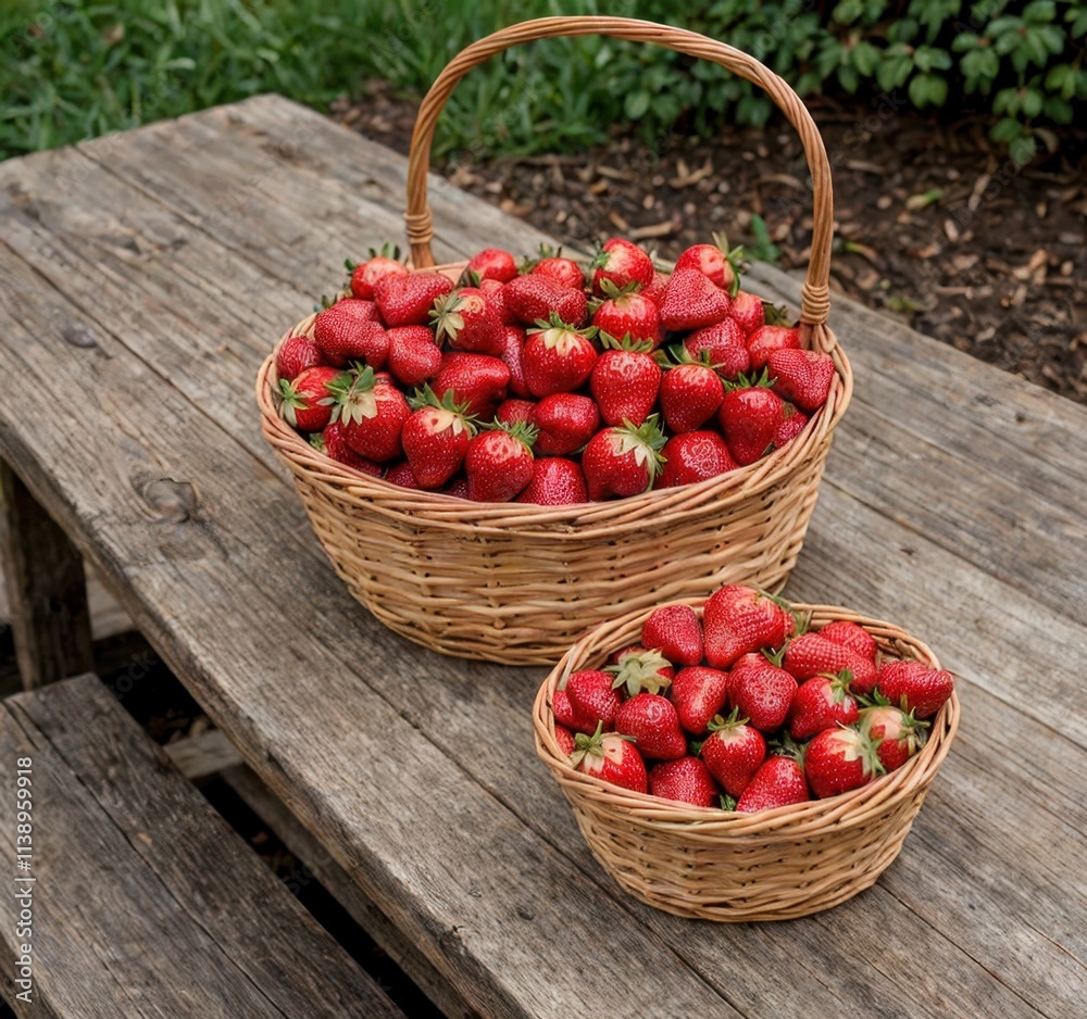 Two woven baskets filled with fresh strawberries on a rustic wooden table. Two woven baskets filled with fresh strawberries on a rustic wooden table.