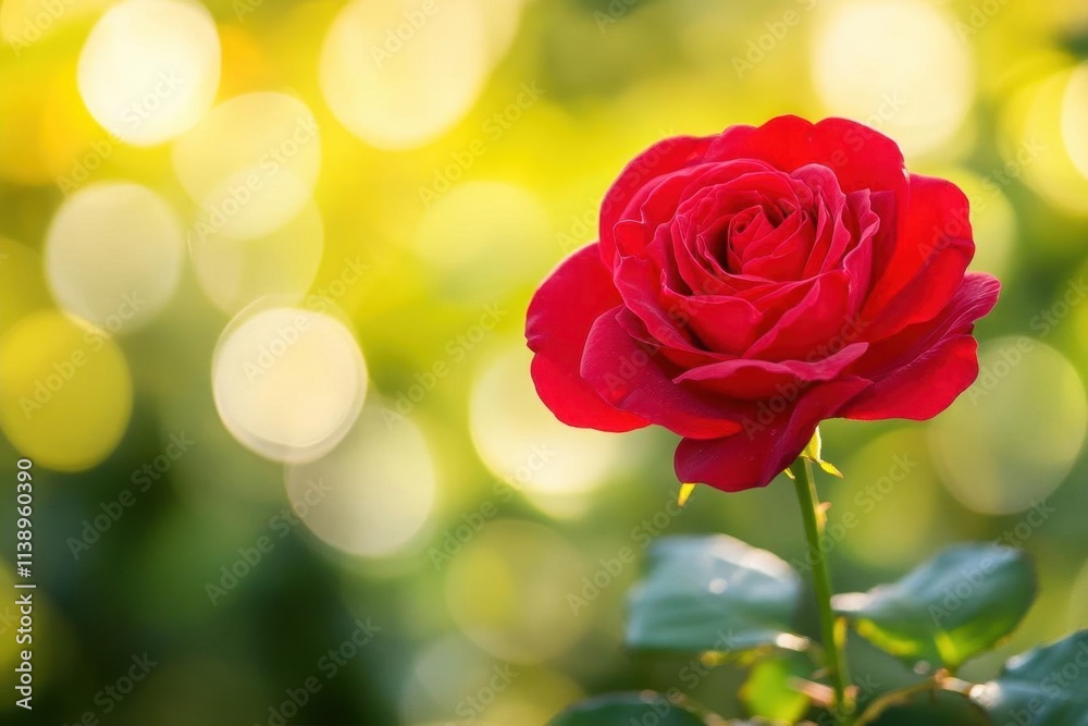 A vibrant red rose against a soft, blurred background of greenery. A vibrant red rose against a soft, blurred background of greenery.