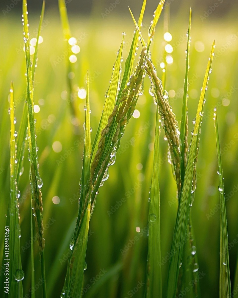 Obraz premium Close-up of dew-covered rice plants in a sunlit field.
