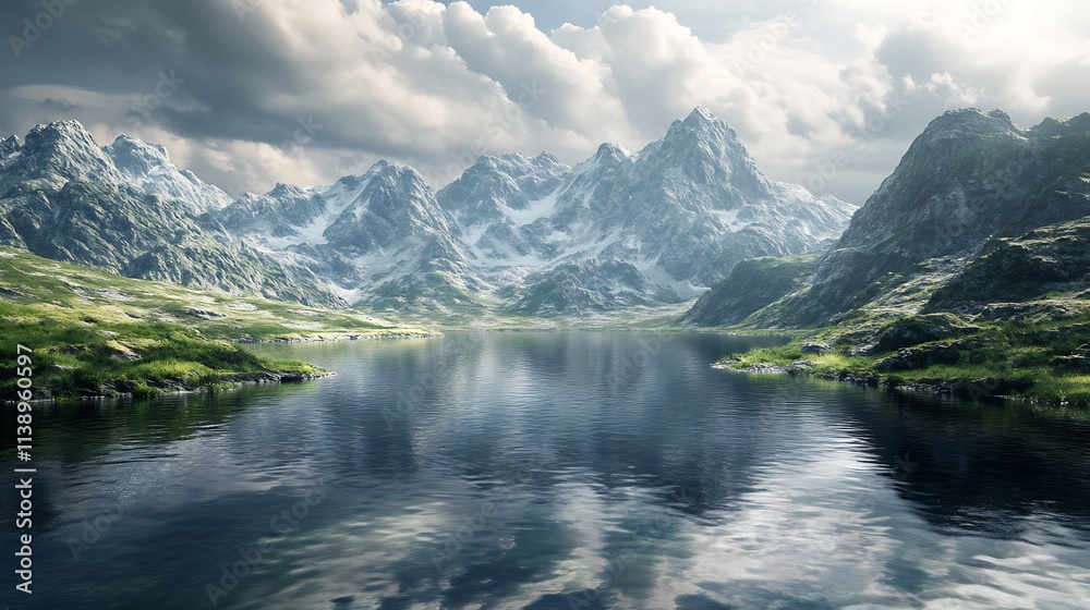 Majestic Mountain Lake Landscape. Scenic View of Snow capped Peaks and Calm Water. Majestic Mountain Lake Landscape. Scenic View of Snow capped Peaks and Calm Water.