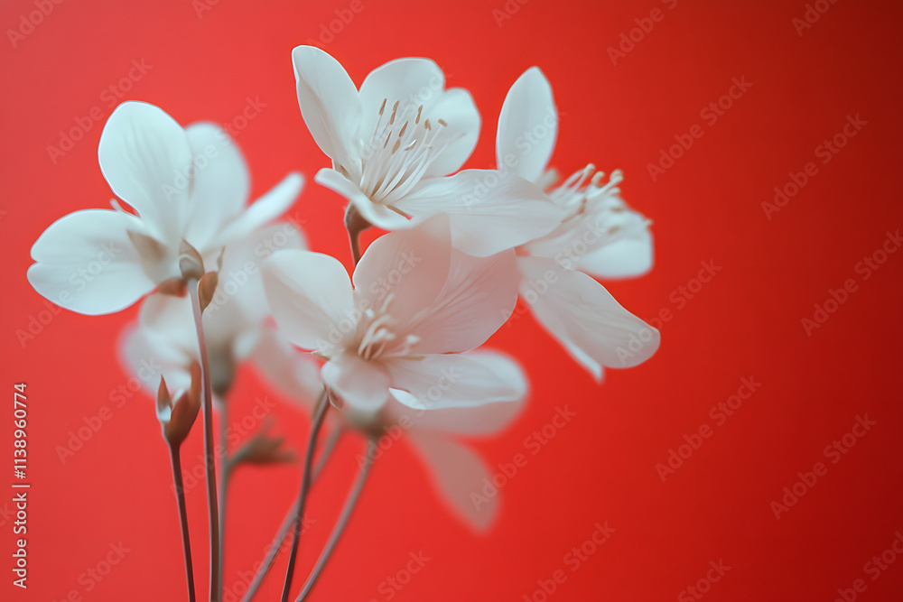 Delicate White Flowers Against a Soothing Red Background: Peaceful Scene