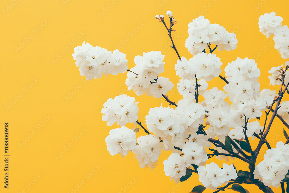 Fototapeta premium Graceful White Flower Cluster on Soft Yellow Background