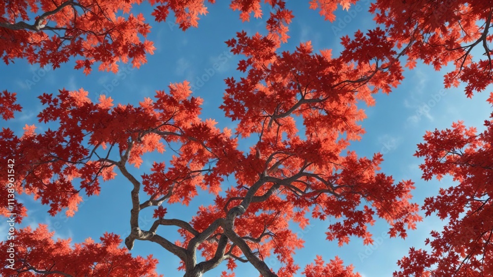 Autumn maple tree against a blue sky with bright red leaves in the foreground, vibrant colors, foliage, nature Autumn maple tree against a blue sky with bright red leaves in the foreground, vibrant colors, foliage, nature