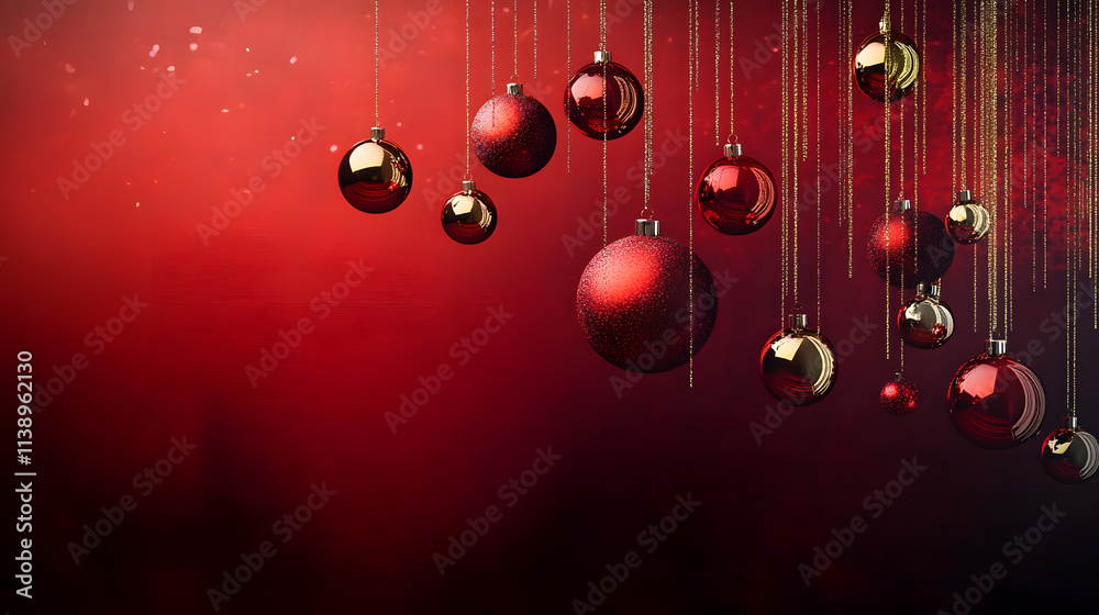 Obraz premium un diseño de tarjeta o invitacion con espacio de copia con esferas colgantes en color rojo y do0rado con diseño navideño para fiesta de navidad