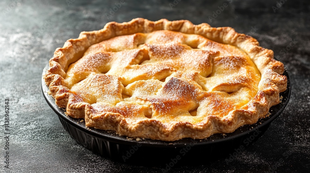 Golden baked apple pie in black dish on dark surface Golden baked apple pie in black dish on dark surface
