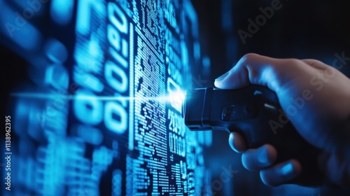 A closeup shot of a material barcode being scanned by a handheld device with the scanners light beam sharply illuminated adding a dynamic element.
