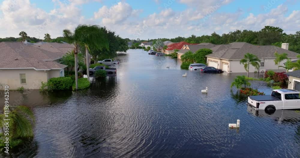 Hurricane rainfall flooded road. Drowned cars on house driveway in Florida residential area. Consequences of hurricane natural disaster. Hurricane rainfall flooded road. Drowned cars on house driveway in Florida residential area. Consequences of hurricane natural disaster.