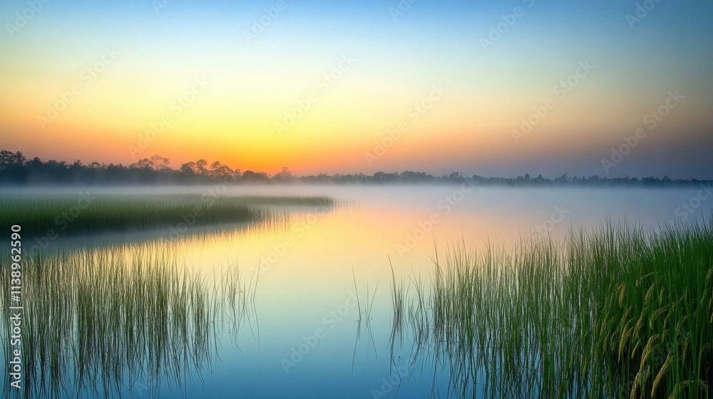 Serene lake at sunrise, reflecting colors of dawn and surrounding nature. Serene lake at sunrise, reflecting colors of dawn and surrounding nature.