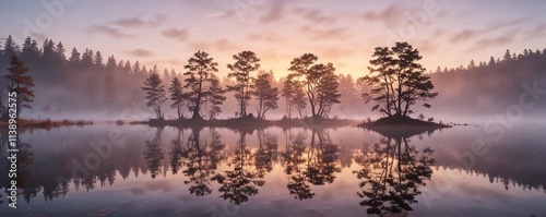 A serene lake at dawn with a few trees and mist, calm, lake, morning