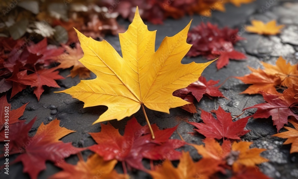 Fototapeta premium A bright yellow maple leaf resting on a patch of vibrant orange and red leaves, bright yellow, warm light , fall colors
