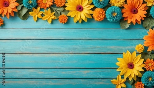 A vibrant floral border with bright orange, yellow, and blue flowers on a turquoise wooden surface, ideal for decorative and creative content.