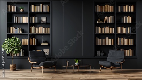 Dark modern library with two armchairs and bookshelves.