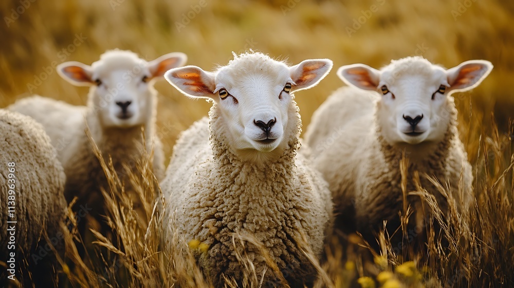 Obraz premium Three sheep in a golden field. Concept of farm animals, rural life, and nature.
