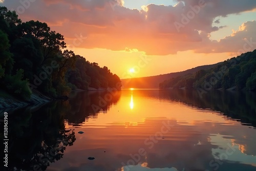 Warm golden light on calm river surface at sunset, serene, riverbank, sky