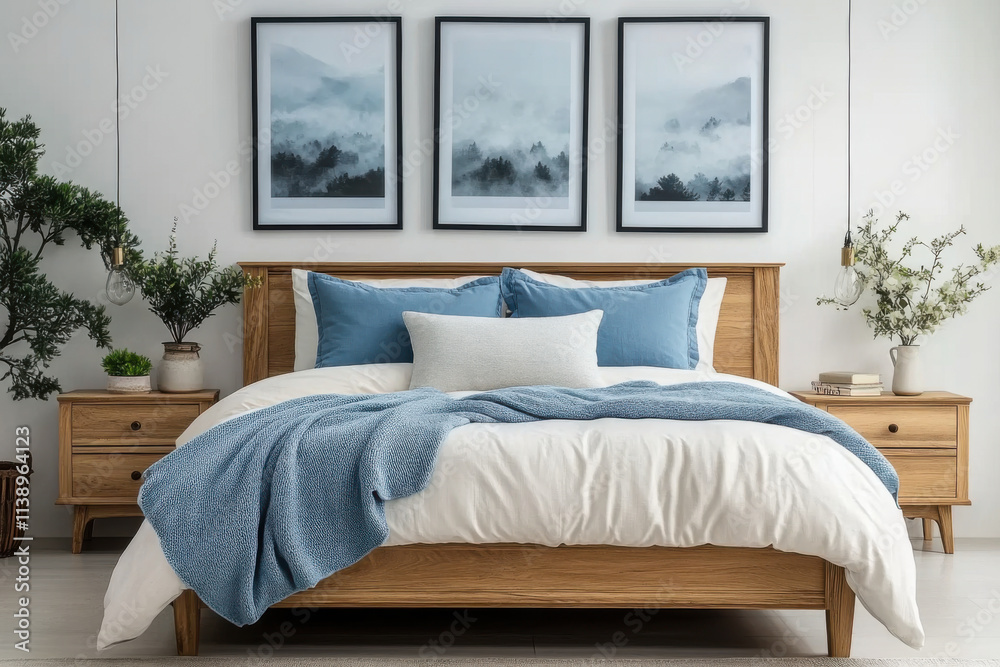 Fototapeta premium wooden bed with blue pillows and two bedside cabinets against white wall
