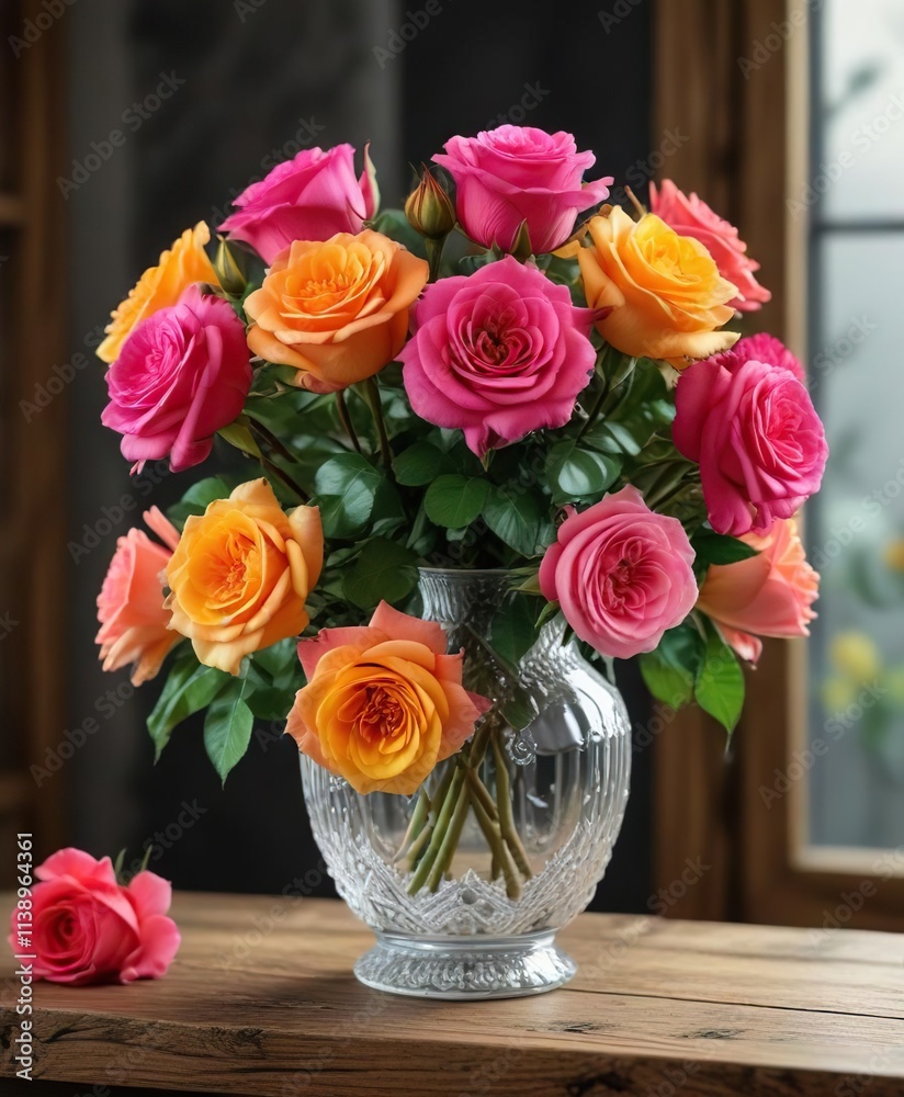 The vibrant colors of the roses are showcased in a stunning floral arrangement, placed in a beautiful crystal glass vase on a rustic wooden shelf , rustic wooden shelf, lively, crystal glass vase The vibrant colors of the roses are showcased in a stunning floral arrangement, placed in a beautiful crystal glass vase on a rustic wooden shelf , rustic wooden shelf, lively, crystal glass vase