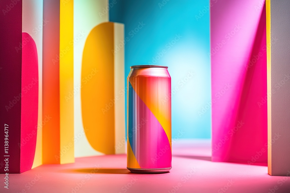 Vibrant colored can amidst bold abstract shapes Vibrant colored can amidst bold abstract shapes