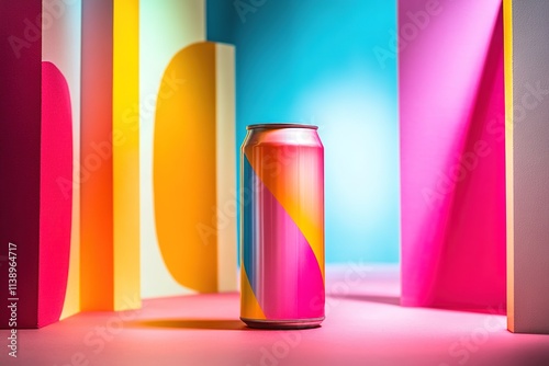 Vibrant colored can amidst bold abstract shapes photo