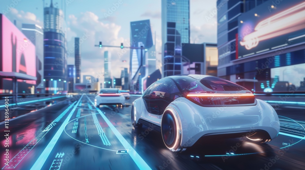 Futuristic cityscape with autonomous vehicles on a high-tech road. Futuristic cityscape with autonomous vehicles on a high-tech road.