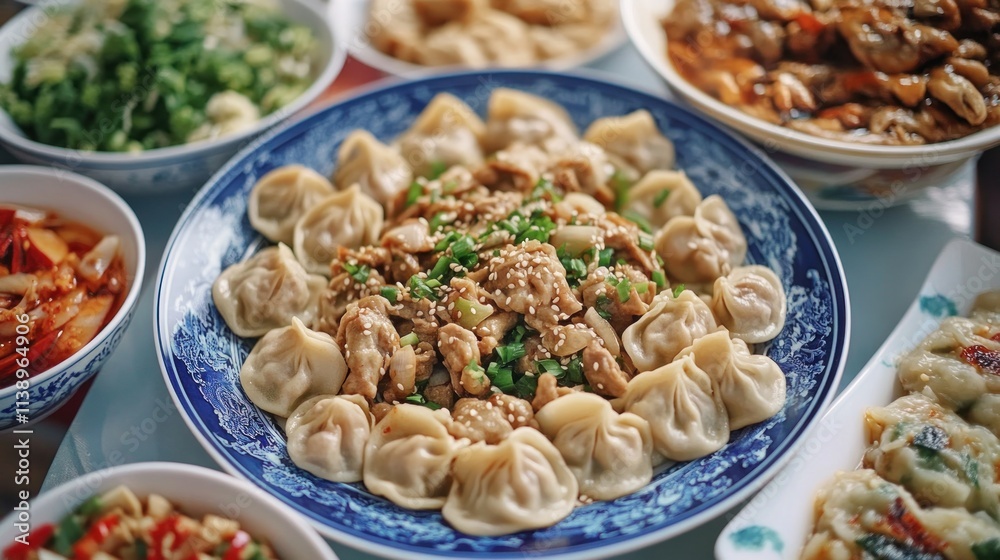 Assorted dumplings, stir-fry, scallions, sauces, in bowls on a table. Assorted dumplings, stir-fry, scallions, sauces, in bowls on a table.